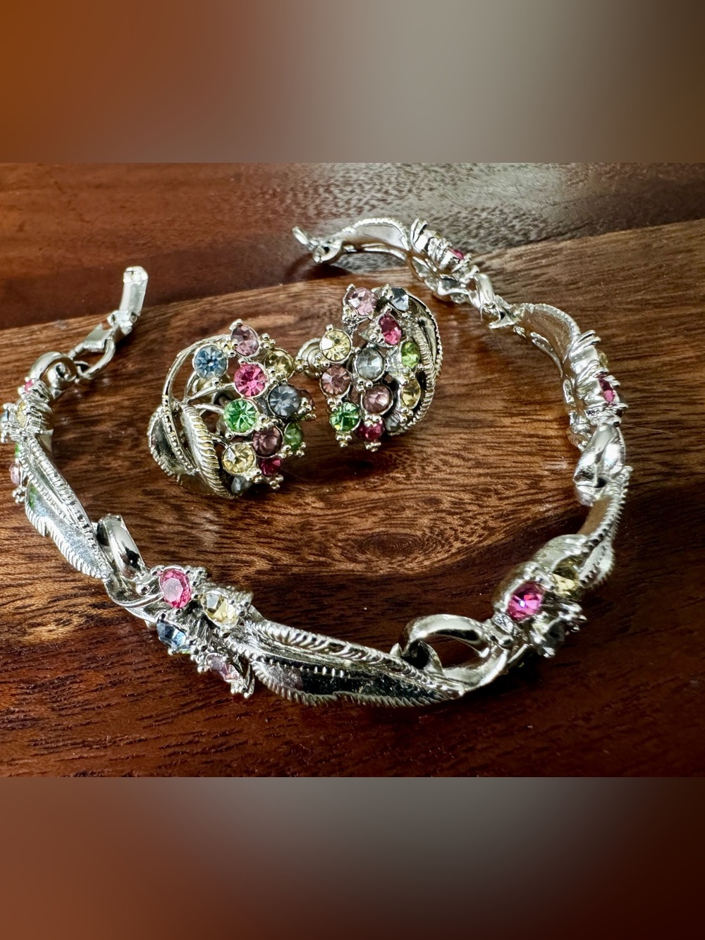 Vintage Signed STAR Rhinestone & Pastels Link Bracelet & Flower Earrings Set